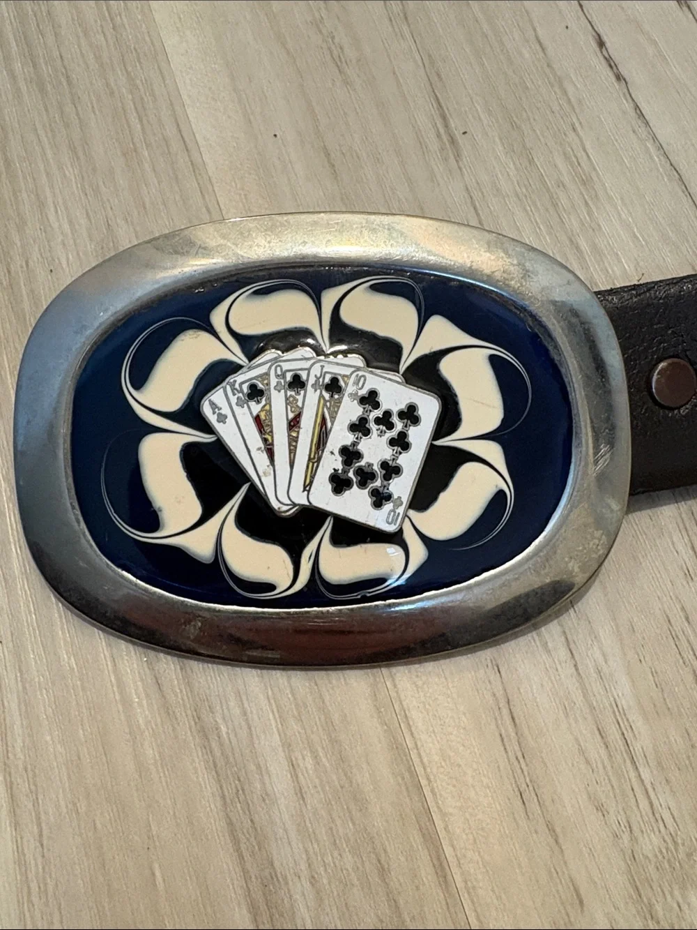 Vtg Mellow Tanned Split Leather Belt Poker Playing Cards Enamel Buckle Size 40
